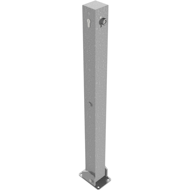 Barrier posts | Steel tube 70 x 70 mm | foldable, with Euro profile cylinder lock | to be fixed by plugswith base plate 100 x 150 mm | hot-dip galvanized | with 1 eyelet